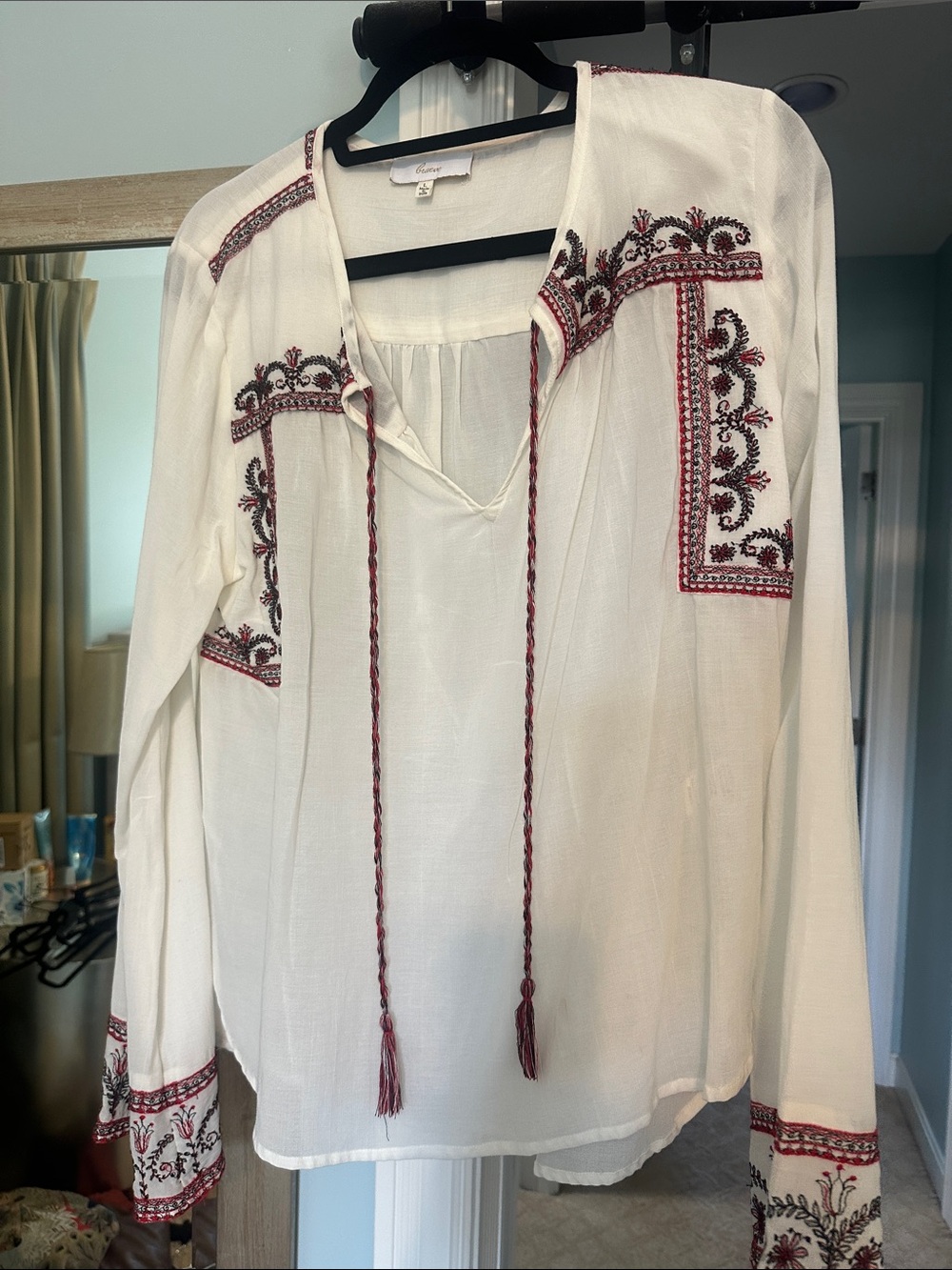Boho Embroidered White Peasant Tunic with Red Accent